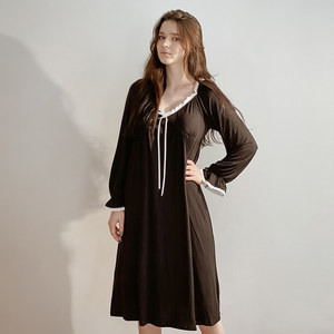 모달 브라캡 긴소매 화이트 리본 블랙 원피스 잠옷 홈웨어